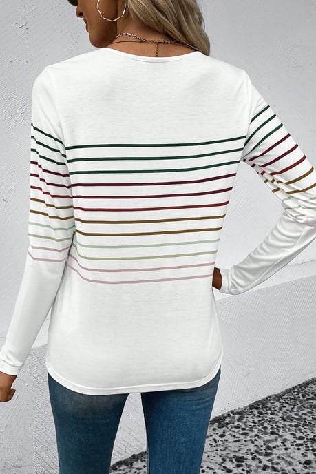Camiseta de mangas largas de cuello redondo a rayas multicolor - Image 6