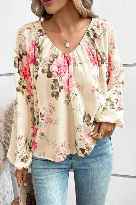 Blusa de cuello en V con mangas de linterna y estampado floral beige - Image 2