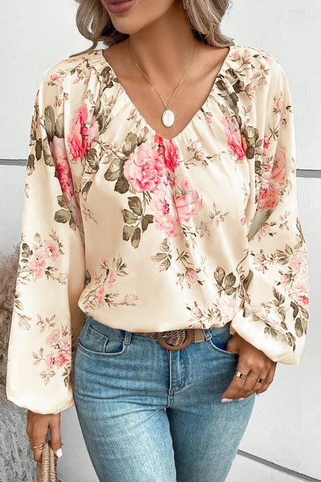 Blusa de cuello en V con mangas de linterna y estampado floral beige - Image 3