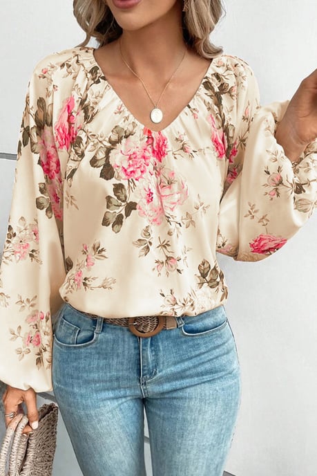 Blusa de cuello en V con mangas de linterna y estampado floral beige - Image 4