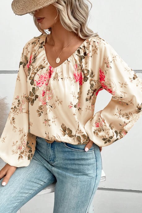 Blusa de cuello en V con mangas de linterna y estampado floral beige - Image 5