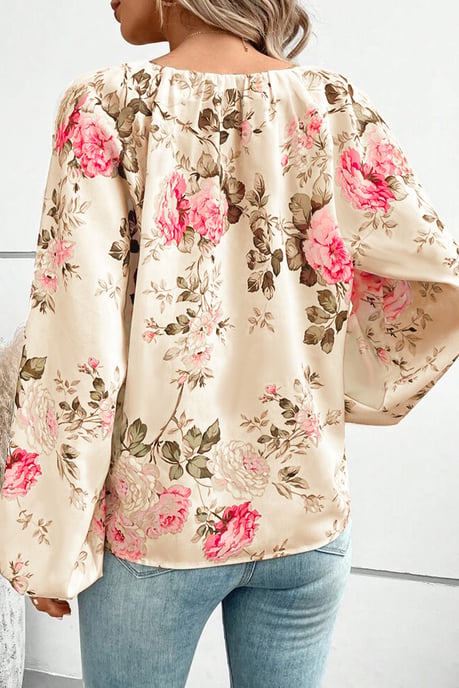 Blusa de cuello en V con mangas de linterna y estampado floral beige - Image 6