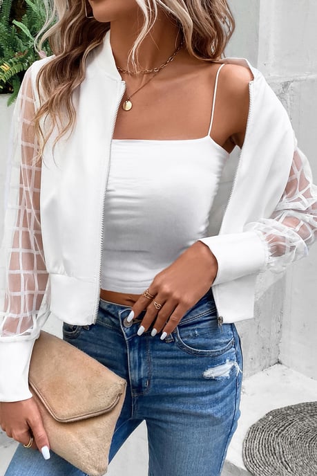 Chaqueta bomber con cremalleras y mangas de malla blanca con rejilla - Image 3