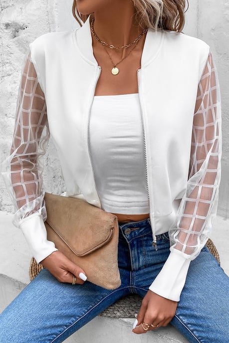 Chaqueta bomber con cremalleras y mangas de malla blanca con rejilla - Image 6