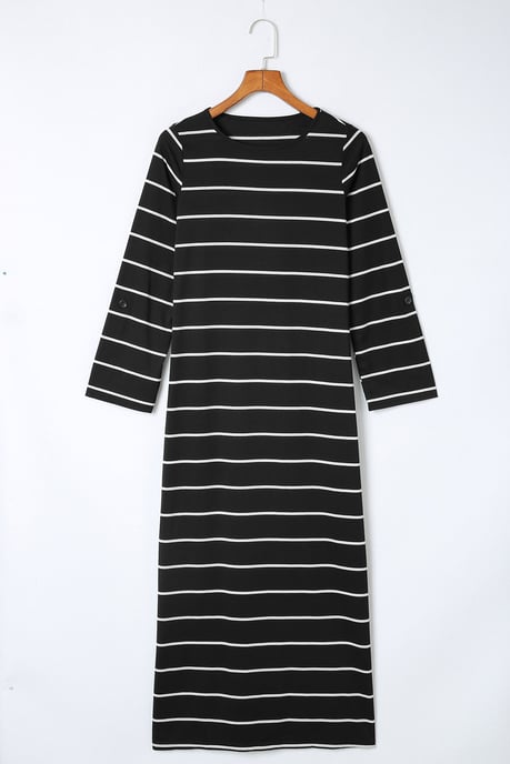Vestido Largo Casual de Rayas Negras con Abertura - Image 2