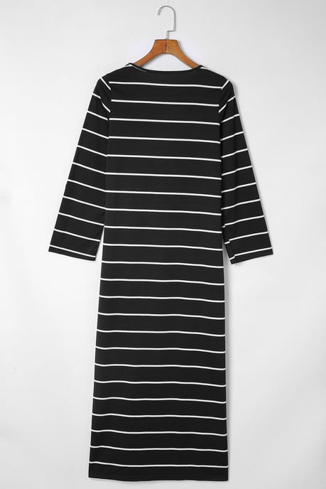 Vestido Largo Casual de Rayas Negras con Abertura - Image 6