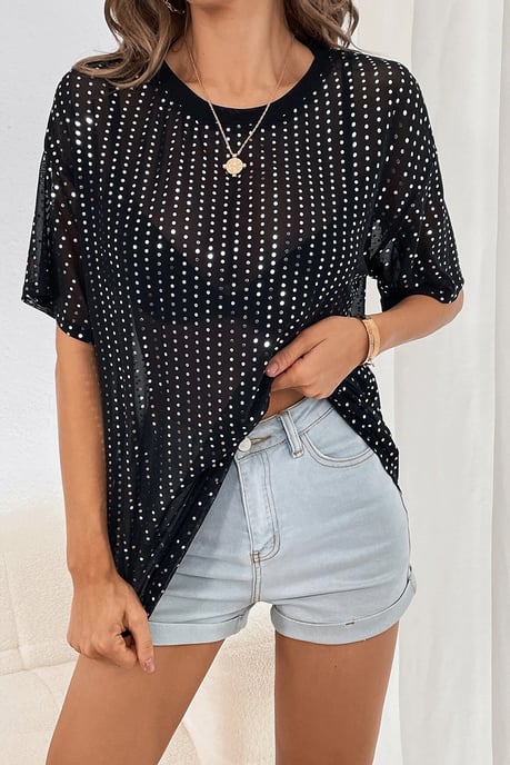 Camiseta Transparente de Manga Caída con Lentejuelas Negras - Image 1