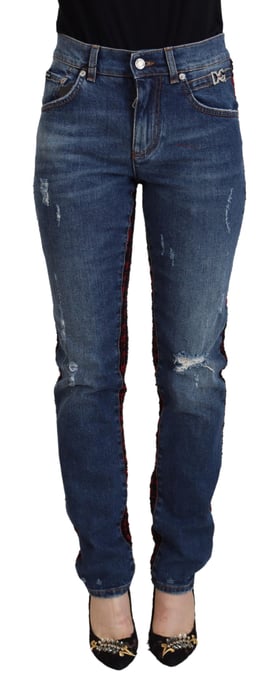Jeans de mezclilla desgastados con cuadros rojos y negros - Image 1