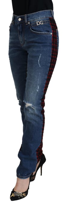 Jeans de mezclilla desgastados con cuadros rojos y negros - Image 2