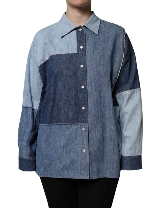 Camisa de mezclilla patchwork de mangas largas - Image 2