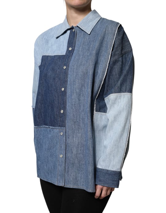 Camisa de mezclilla patchwork de mangas largas - Image 3