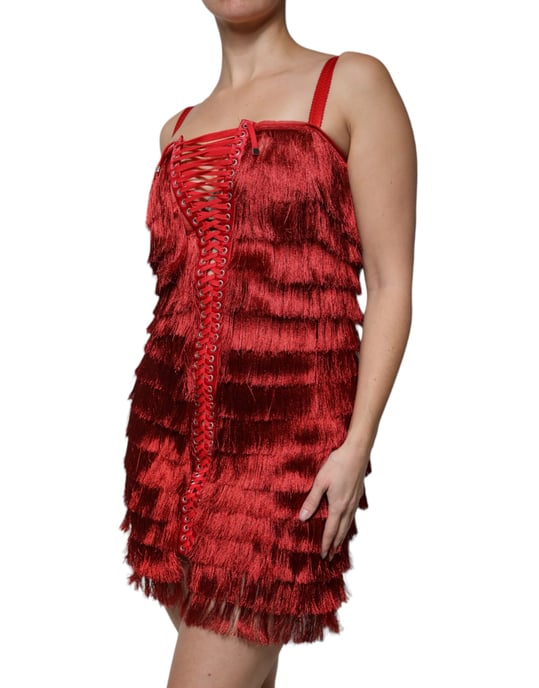 Vestido Mini Con Flecos Rojo Atado - Image 3