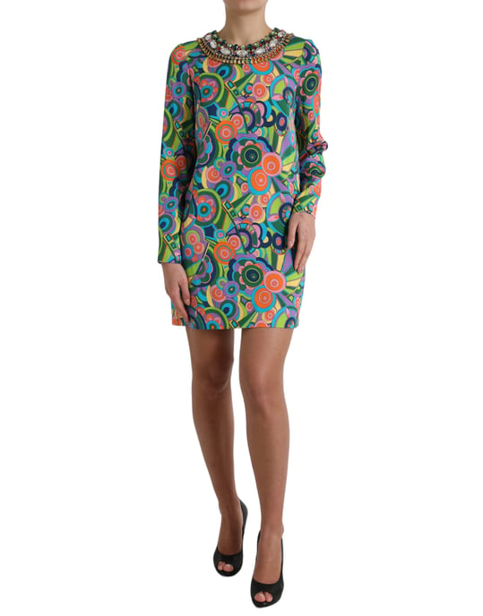 Vestido Mini Op Art con Cuello de Joyas y Manga Larga - Image 1