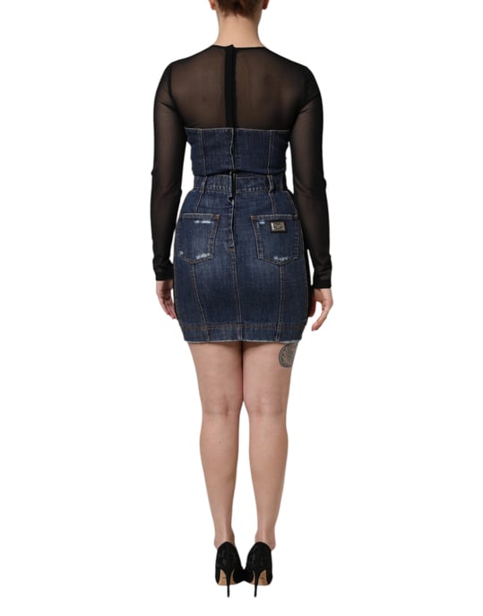 Vestido Mini de Denim con Superposición de Malla Desgastada - Image 4