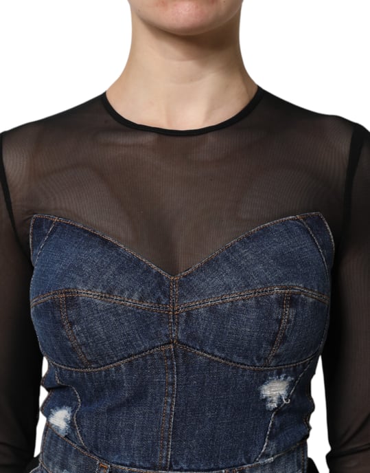 Vestido Mini de Denim con Superposición de Malla Desgastada - Image 5