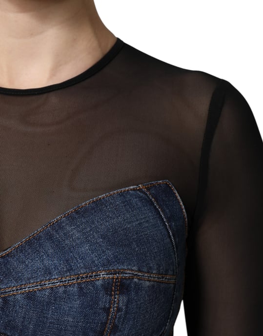 Vestido Mini de Denim con Superposición de Malla Desgastada - Image 6