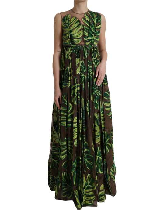 Vestido Maxi de Seda Impresa con Estampado de Hojas Tropicales - Image 1