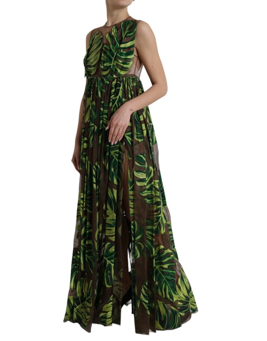 Vestido Maxi de Seda Impresa con Estampado de Hojas Tropicales - Image 2