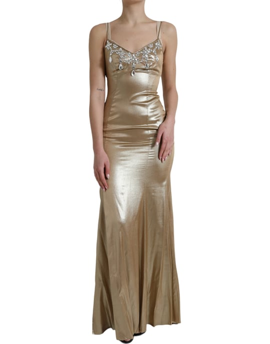 Vestido de Noche Dorado Sin Mangas con Escote en V - Image 1