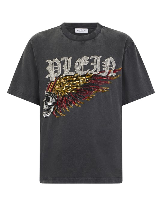 Washed Round Neck T-Shirt Eagle Skull Skull - Image 1