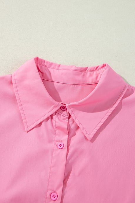 Vestido Mini de Camisa con Botones y Mangas Abullonadas en Color Rosa Brillante - Image 3