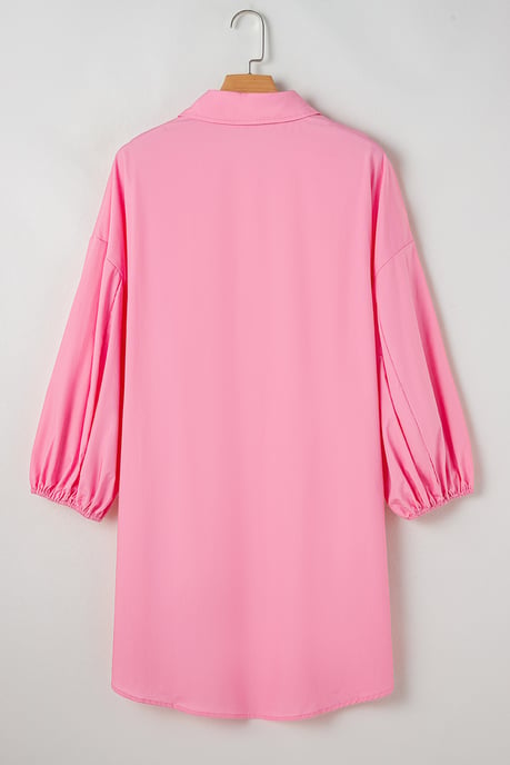 Vestido Mini de Camisa con Botones y Mangas Abullonadas en Color Rosa Brillante - Image 5