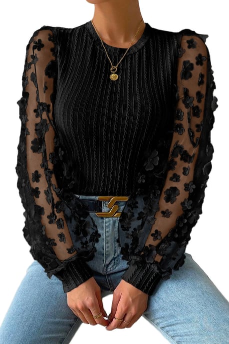 Blusa de punto texturizado con mangas de malla y aplicación floral negra - Image 2