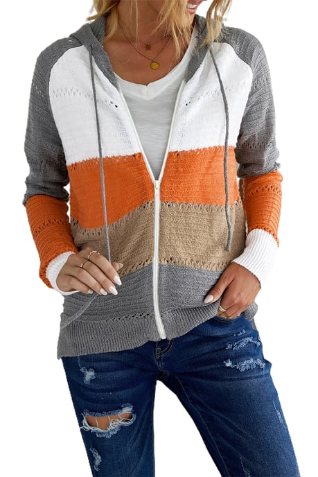Sudadera de punto con capucha y corte en vivo, con bloque de color y cremallera frontal en gris - Image 4