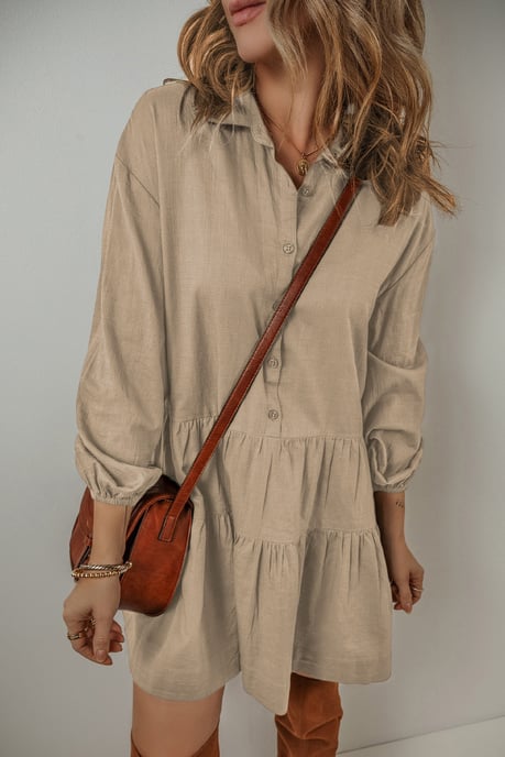 Vestido mini de camisa plisada de tirantes abotonados con mangas abullonadas en tono bronceado - Image 2