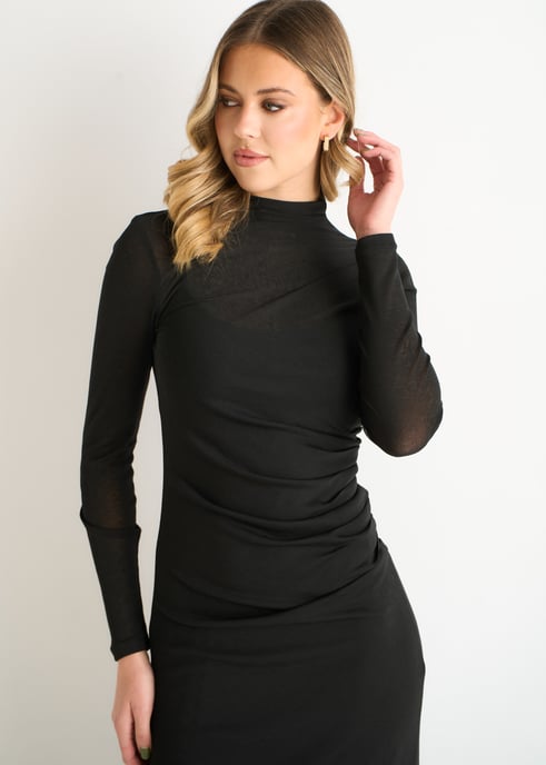 Vestido midi de manga larga en jersey negro fruncido - Image 2