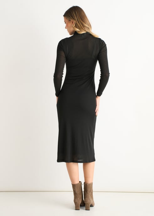 Vestido midi de manga larga en jersey negro fruncido - Image 4
