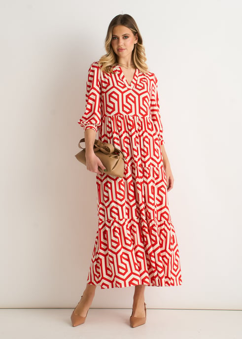 Vestido largo con estampado geométrico rojo - Image 1