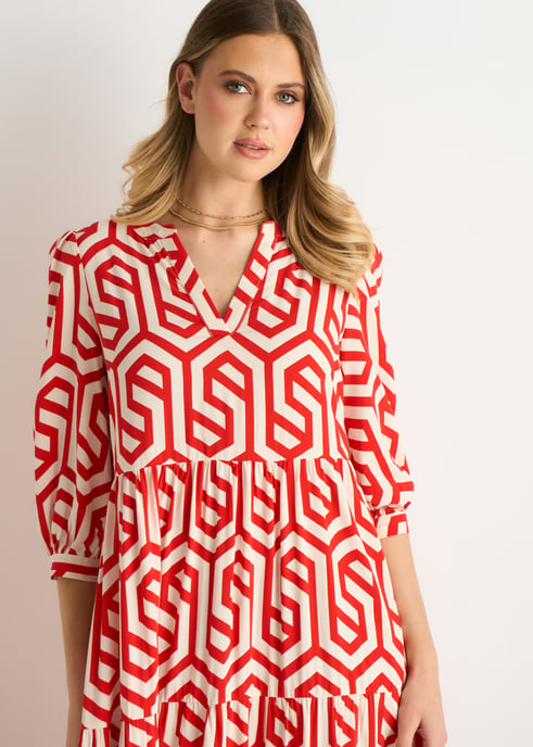 Vestido largo con estampado geométrico rojo - Image 2