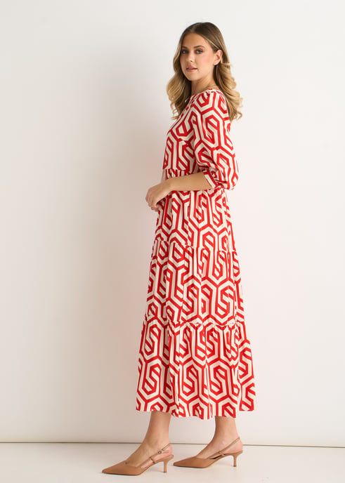 Vestido largo con estampado geométrico rojo - Image 3