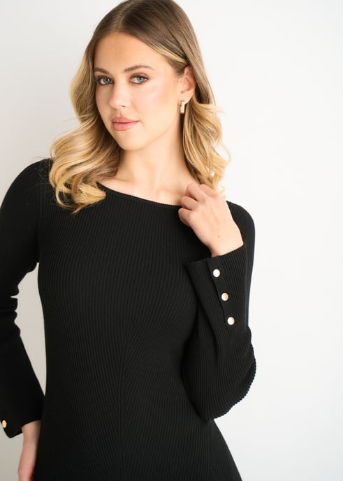 Vestido ajustado y acampanado de punto con cuello en V negro - Image 2