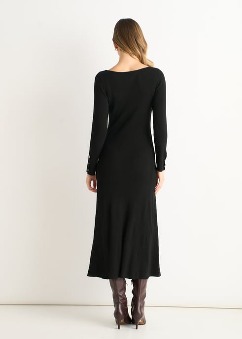 Vestido ajustado y acampanado de punto con cuello en V negro - Image 4