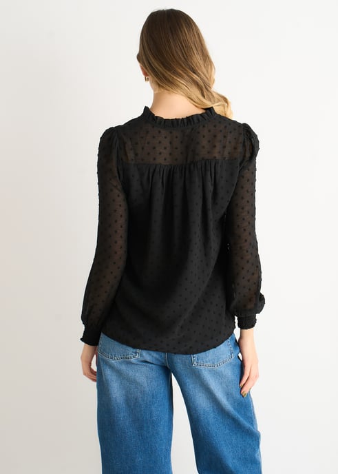 Blusa negra de gasa con cuello con volantes - Image 4