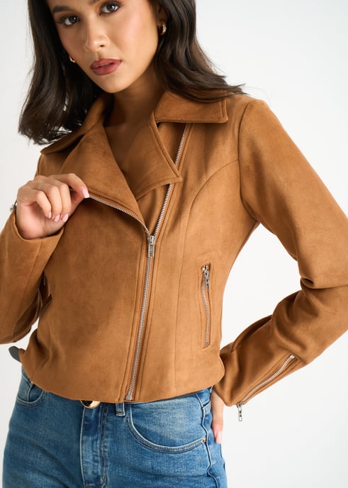Chaqueta motera de ante sintético marrón - Image 2