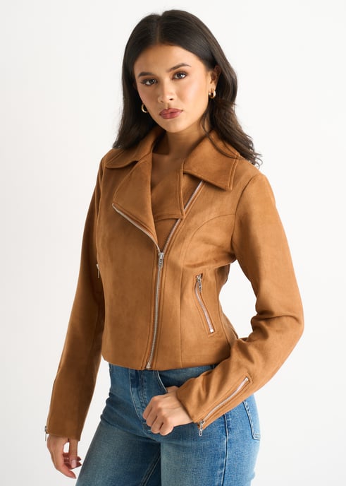 Chaqueta motera de ante sintético marrón - Image 3