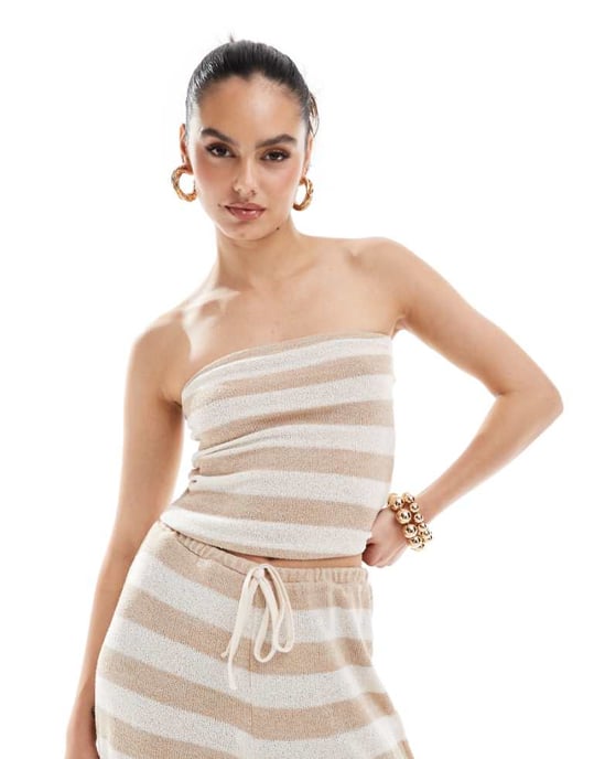 ASOS DESIGN virkad randig ärmhell top co ord i sten - Image 1