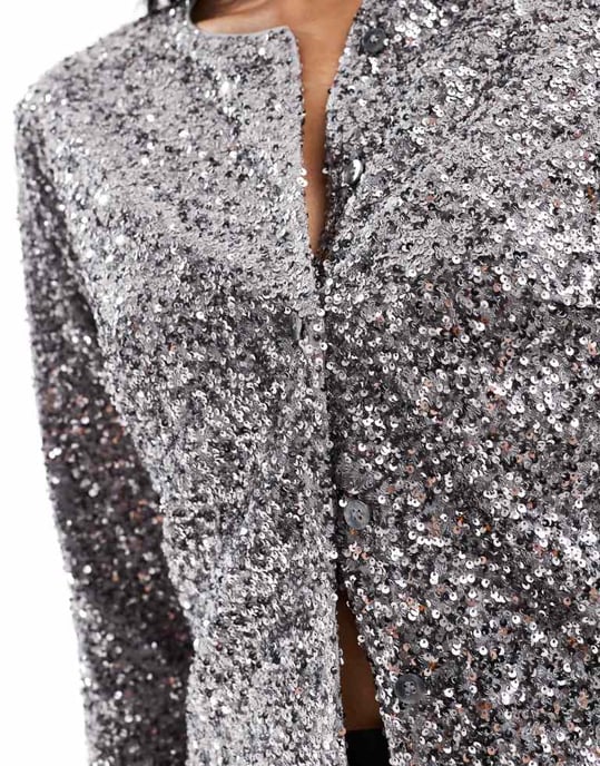 Never Fully Dressed paljettstickad cardigan i gunmetal - Image 4