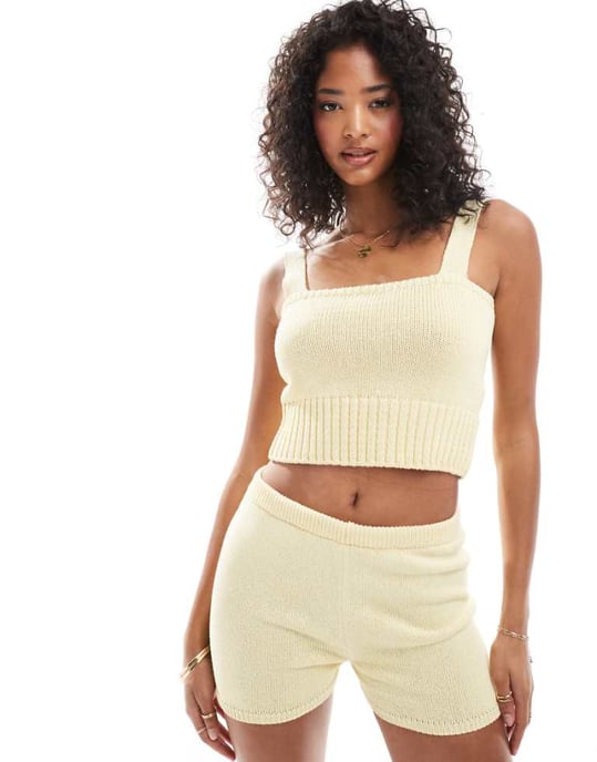 ASOS DESIGN stickad linne i koord i citron - Image 1
