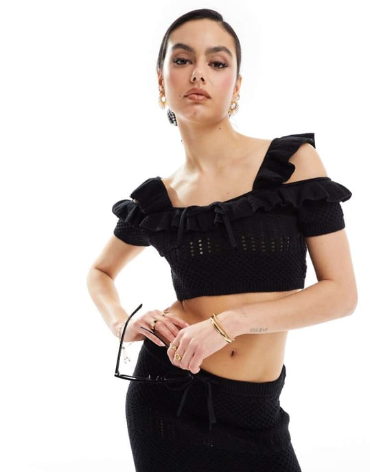 ASOS DESIGN stickad linne med knytdetalj i svart - Image 1