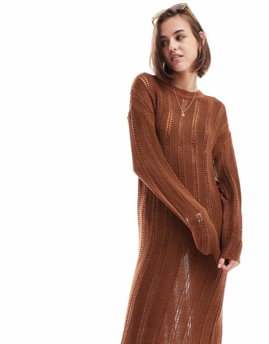 ASOS DESIGN öppenstickad midiklänning i toffee - Image 2