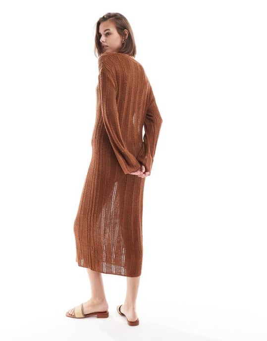 ASOS DESIGN öppenstickad midiklänning i toffee - Image 4