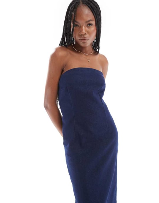 Endast figursydda bandeau midi denimklänning i indigo - Image 2