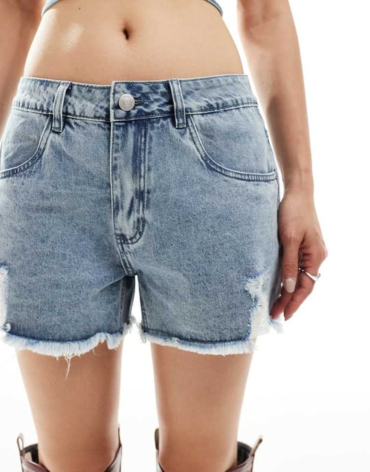 Noisy May råsömmad denimshorts-set i medelblå denim - Image 2