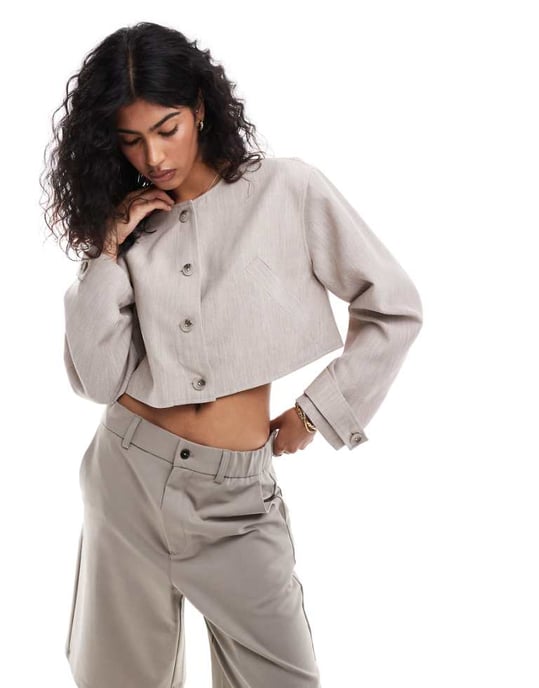 ASOS DESIGN kortärmad jacka utan krage i linnelook i havre - Image 1