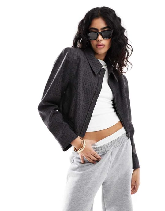 ASOS DESIGN topp med krage, kort bomberjacka i rutigt mönster - Image 1