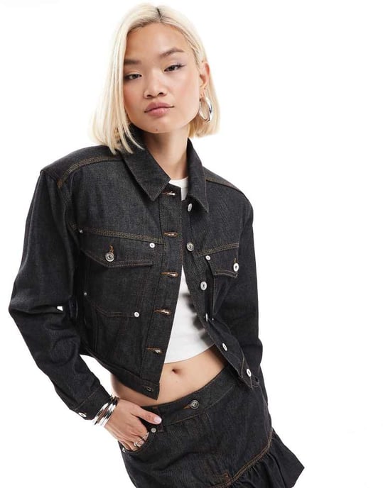 COLLUSION cropped denimjacka i tvättad dämpad färg - Image 2